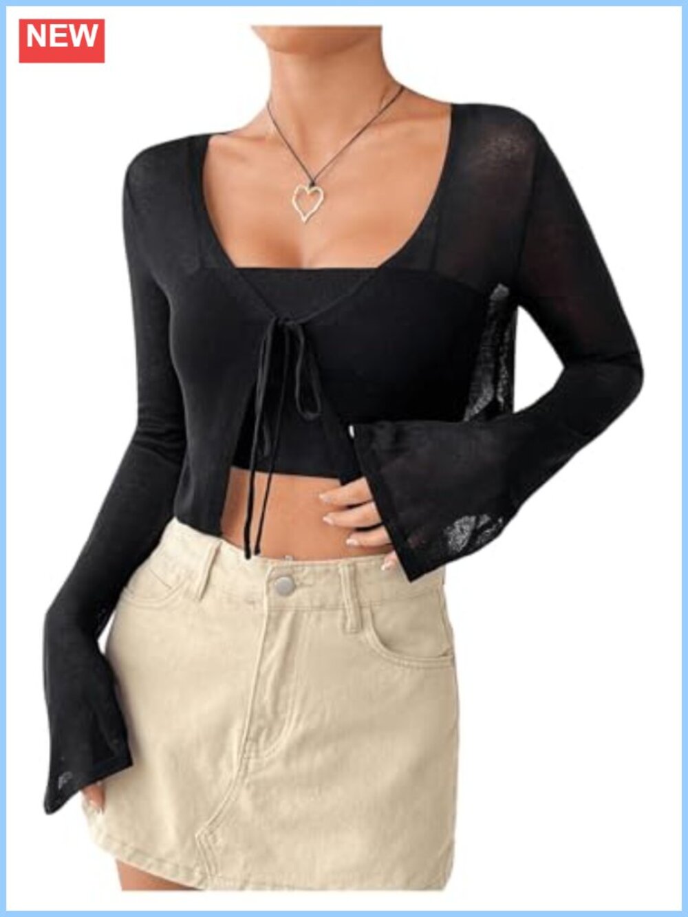 Women's Mesh Sheer V Neck Tie Front Long Sleeve Crop Cardigan